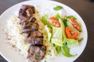 Beef Kabob + rice + salad